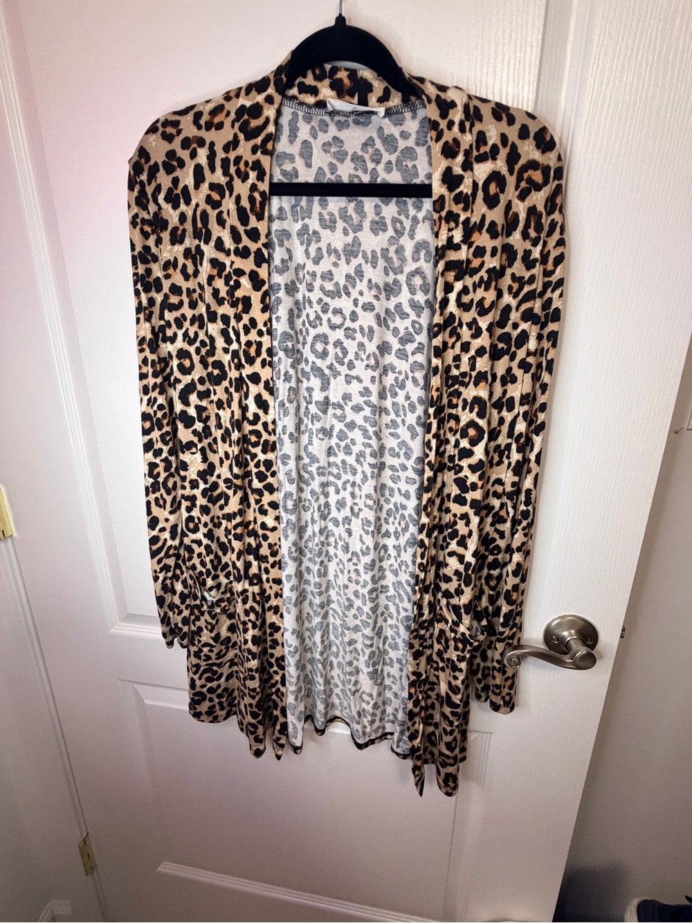 Leopard Print Open-Front Draped Cardigan - Tan/Black